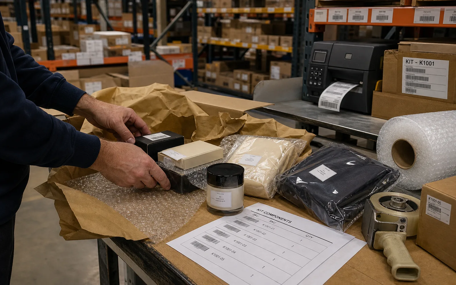 Worker assembling a multi-item ecommerce kit at a warehouse packing station