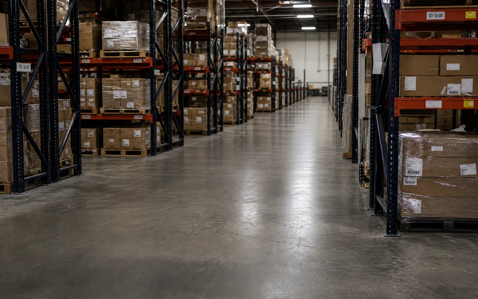 Clear central aisle between organized multichannel warehouse inventory racks